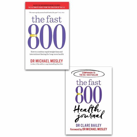 Two paperback books titled "The Fast 800" and "The Fast 800 Health Journal" by Dr. Michael Mosley, featuring bold purple and black text on white covers.