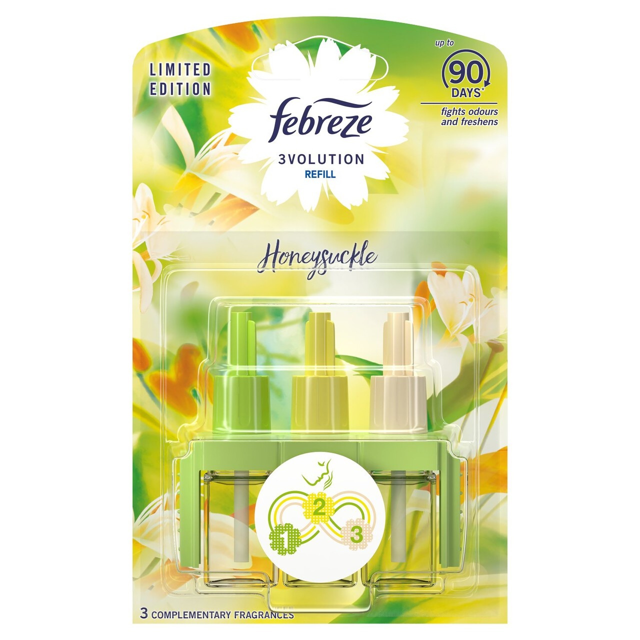 Febreze 3volution air freshener refill in honeysuckle scent, featuring three colorful bottles in green and yellow, packaged in a vibrant floral design, labeled as limited edition for 90 days of freshness.