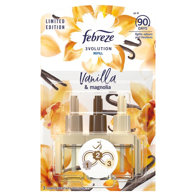 Febreze Ambi Pur 3Volution Refill in Vanilla Latte scent, featuring three clear bottles in shades of cream and brown, packaged with floral graphics and a "Limited Edition" label.