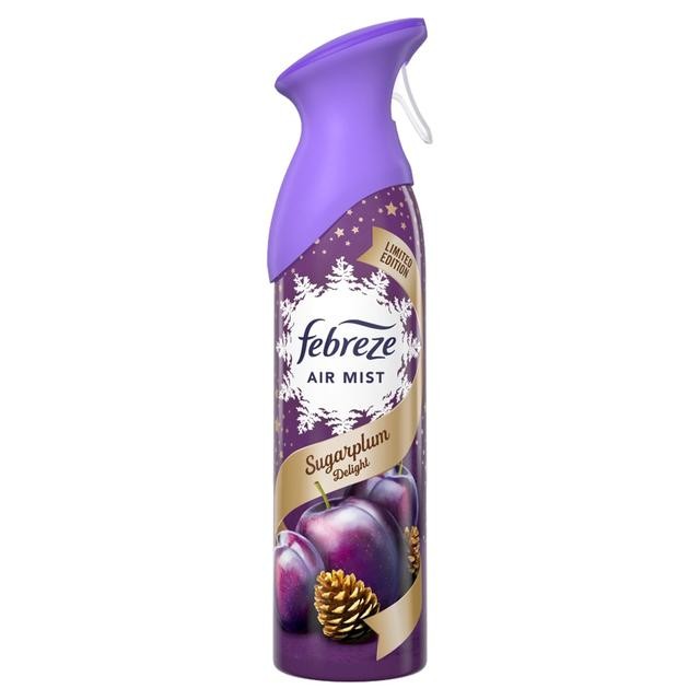 Purple aerosol can featuring "Febreze Air Mist" branding, labeled "Sugaryplum Delight," with images of plums and pinecones, and a limited edition tag.