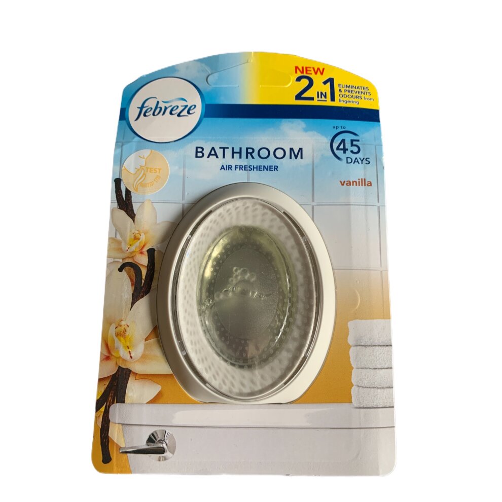 Febreze Bathroom Air Freshener in Vanilla & Magnolia scent, featuring a sleek oval design, clear plastic casing, and a floral background, promises freshness for 45 days.