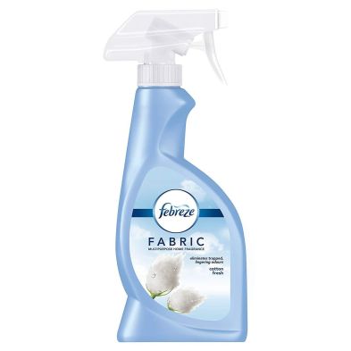 Light blue spray bottle with a white trigger, labeled "Febreze Fabric" and featuring a cotton fresh scent, 375 ml capacity, with a cloud and cotton graphic on the front.