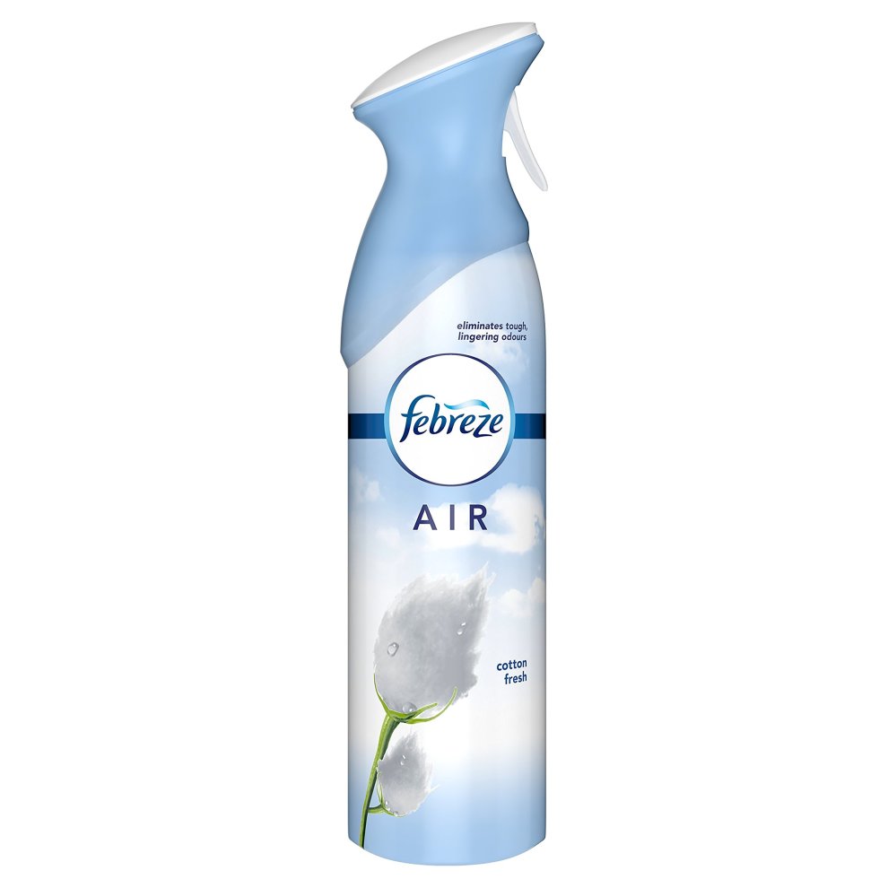 Light blue spray bottle with a white nozzle, featuring a cotton plant graphic and the Febreze logo, labeled "AIR" and "cotton fresh," 300ml size.