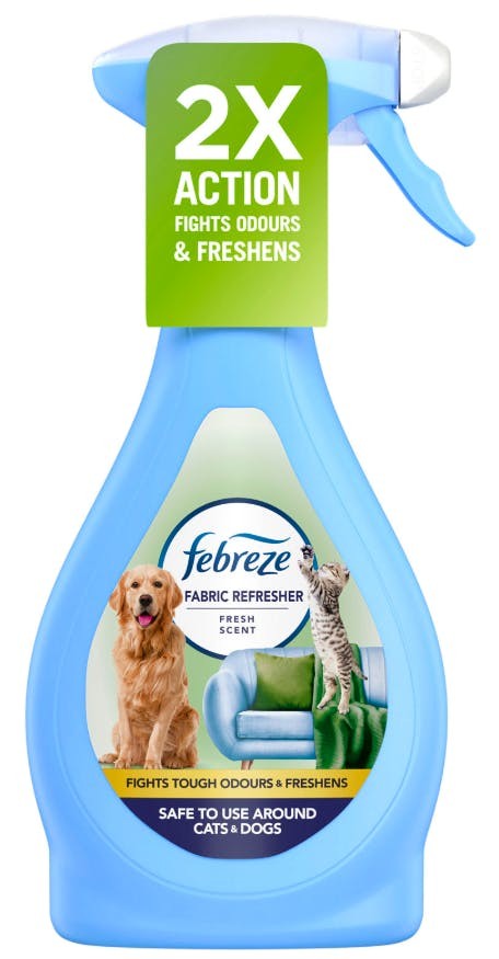 Light blue spray bottle with a trigger top, featuring a green label stating "2X Action," and images of a dog and cat; designed for fabric refreshing with a pet fresh scent.