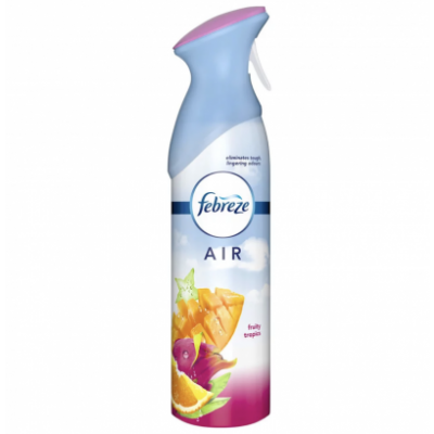 Three 300 ml bottles of Febreze Air Freshener Spray in Pomelo Paradise, featuring a light blue and pink design with fruit illustrations and a spray nozzle.