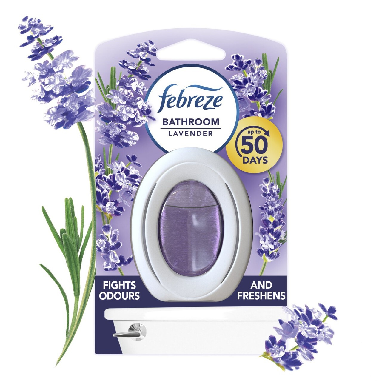 Febreze Bathroom Air Freshener in lavender scent, featuring a purple container, silver accents, and floral graphics, promises to fight odors for up to 50 days.