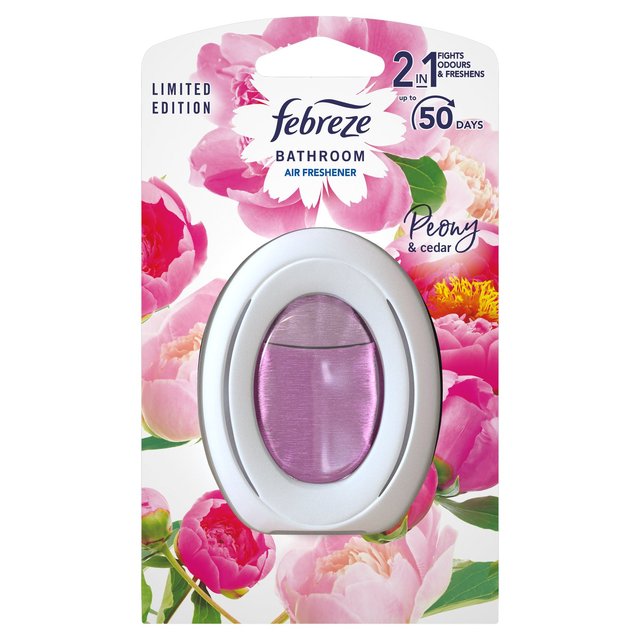 Febreze Bathroom Air Freshener in Peony & Cedar scent, featuring a sleek oval design with a pink liquid inside, surrounded by vibrant peony floral graphics on a white background.