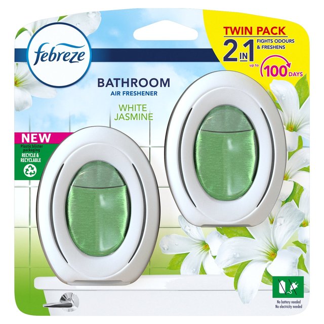 Twin pack of Febreze Bathroom Air Freshener in White Jasmine, featuring two oval-shaped dispensers with a green liquid, set against a floral background.