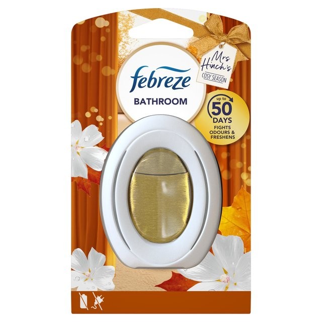 Febreze Single Bathroom Air Refresher in orange packaging with floral designs, featuring a gold container, labeled "Mrs Hinch Cosy Season" and claims to fight odors for up to 50 days.