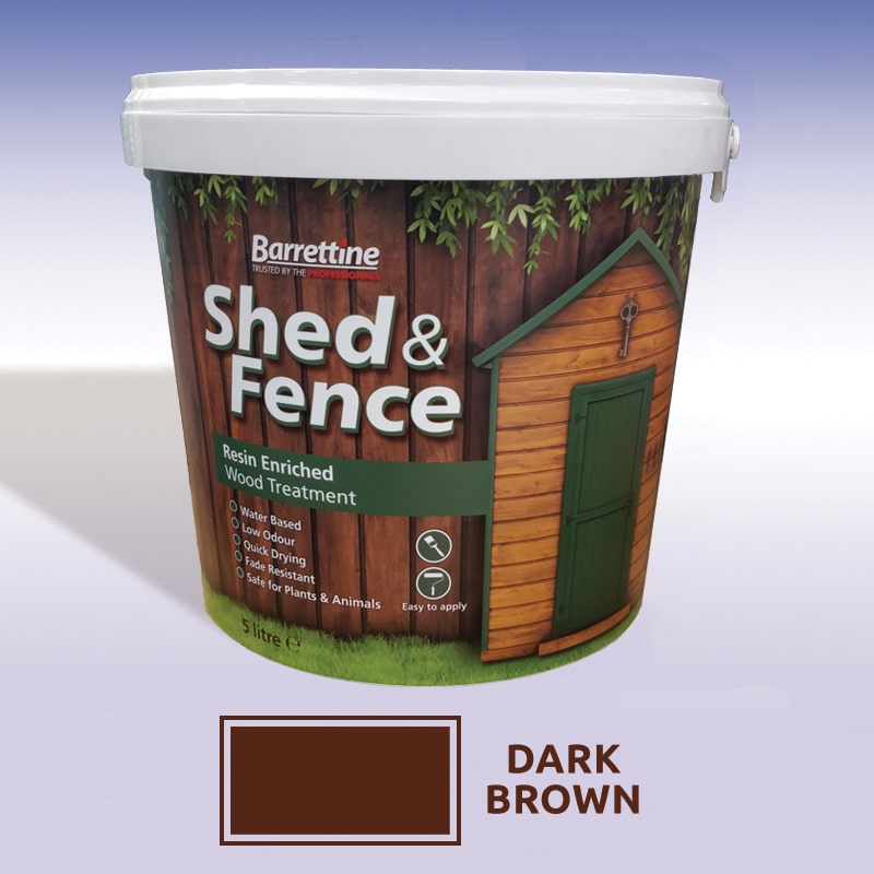 Resin enriched wood treatment in a 5L bucket, featuring a dark brown color, with a design showcasing a wooden fence and shed, labeled "Shed & Fence" by Forest Garden.