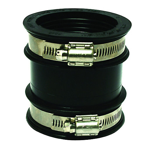 Black Fernco drain coupling, 80-95mm, made of durable rubber with stainless steel clamps on both ends for secure connections.