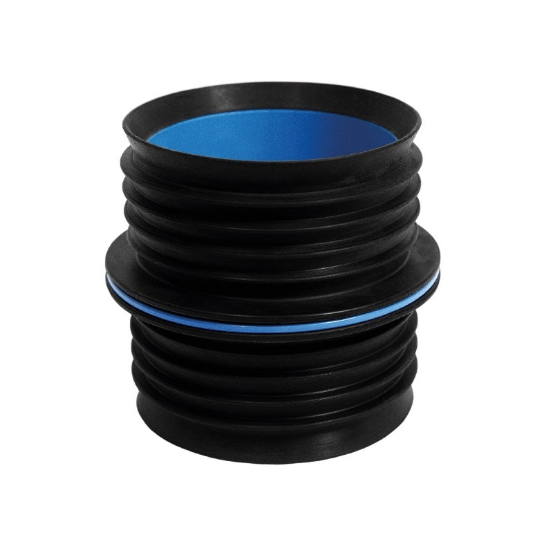Black and blue flexible rubber pushfit coupling with internal ridges, designed for pipes measuring 99-103mm in diameter, featuring a smooth inner surface for easy installation.