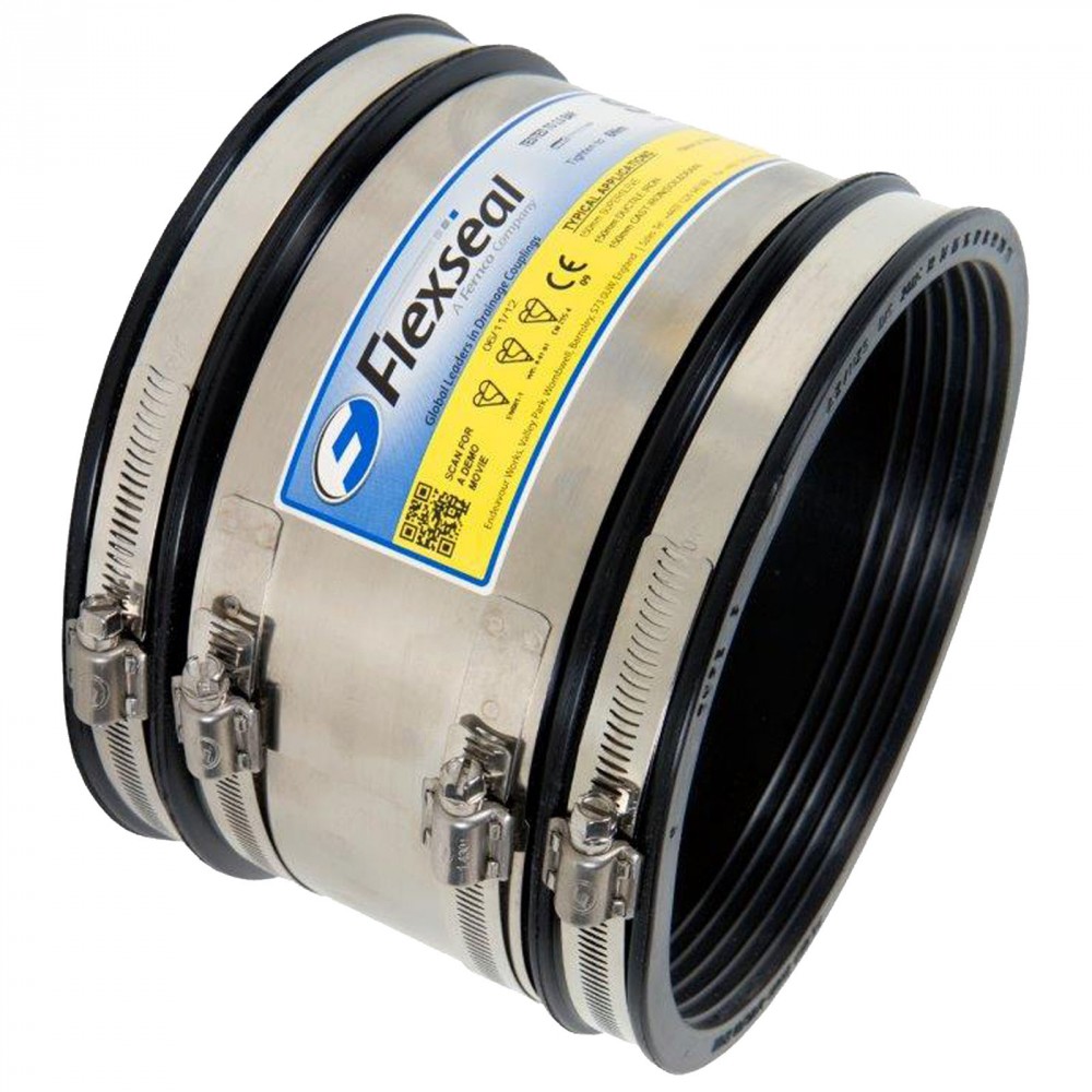 Black rubber coupling with stainless steel bands, marked with Flexseal branding and specifications, designed for pipe connections ranging from 122-137mm in diameter.