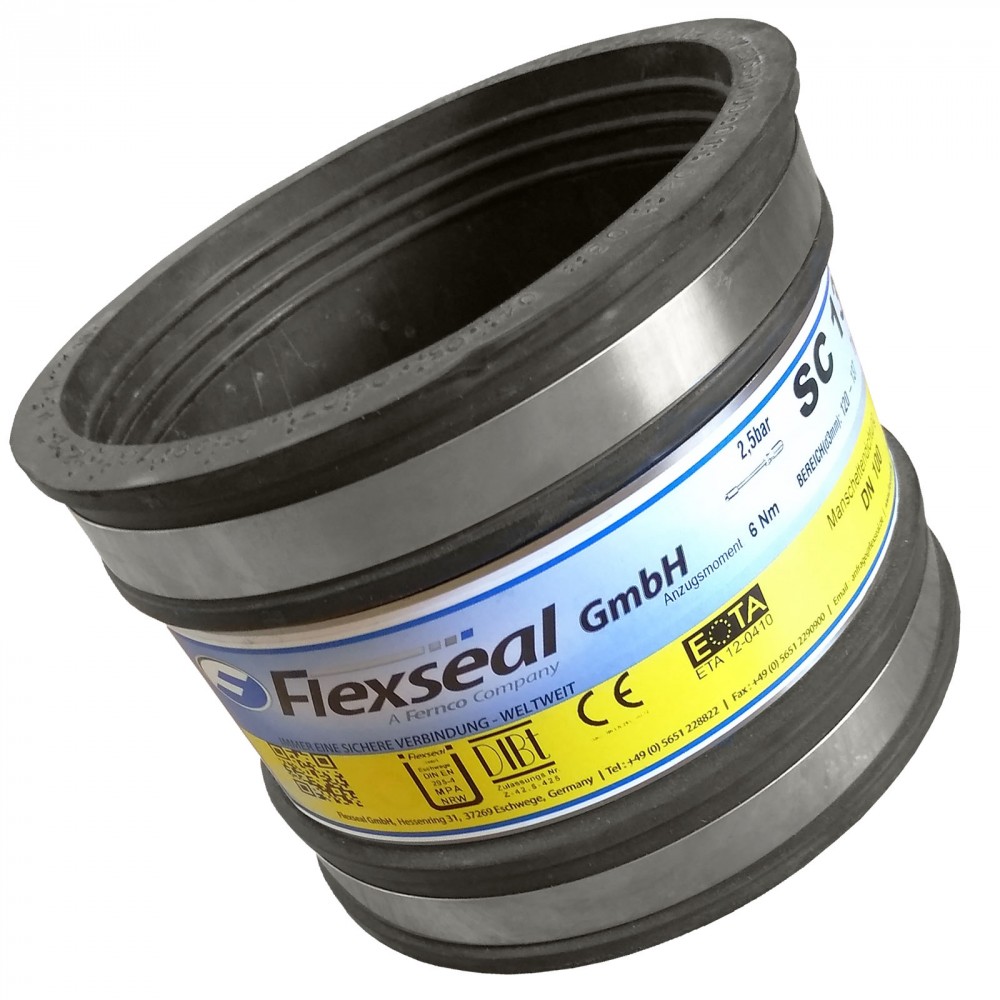 Black rubber coupling with metal bands, labeled "Fernco Standard Coupling 175-200mm" by Flexseal, featuring a yellow and blue product information sticker.
