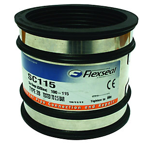 Black rubber coupling with metal bands, labeled "Flexseal" and "SC115," designed for pipe connections, measuring 360-385mm in diameter, suitable for various plumbing applications.