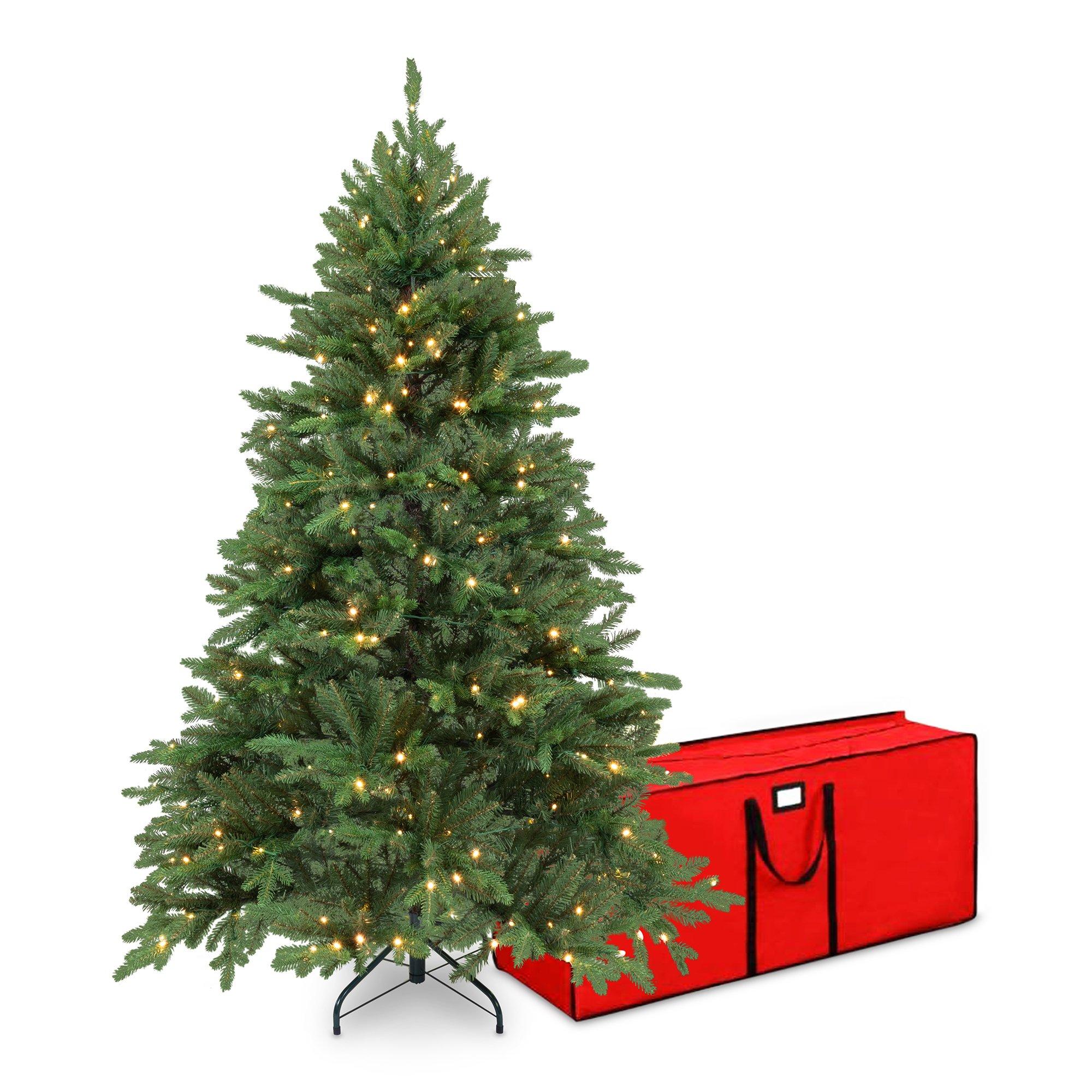 7ft green pre-lit artificial Christmas tree with 460 warm white LEDs, featuring a full, lush design, accompanied by a red storage bag.