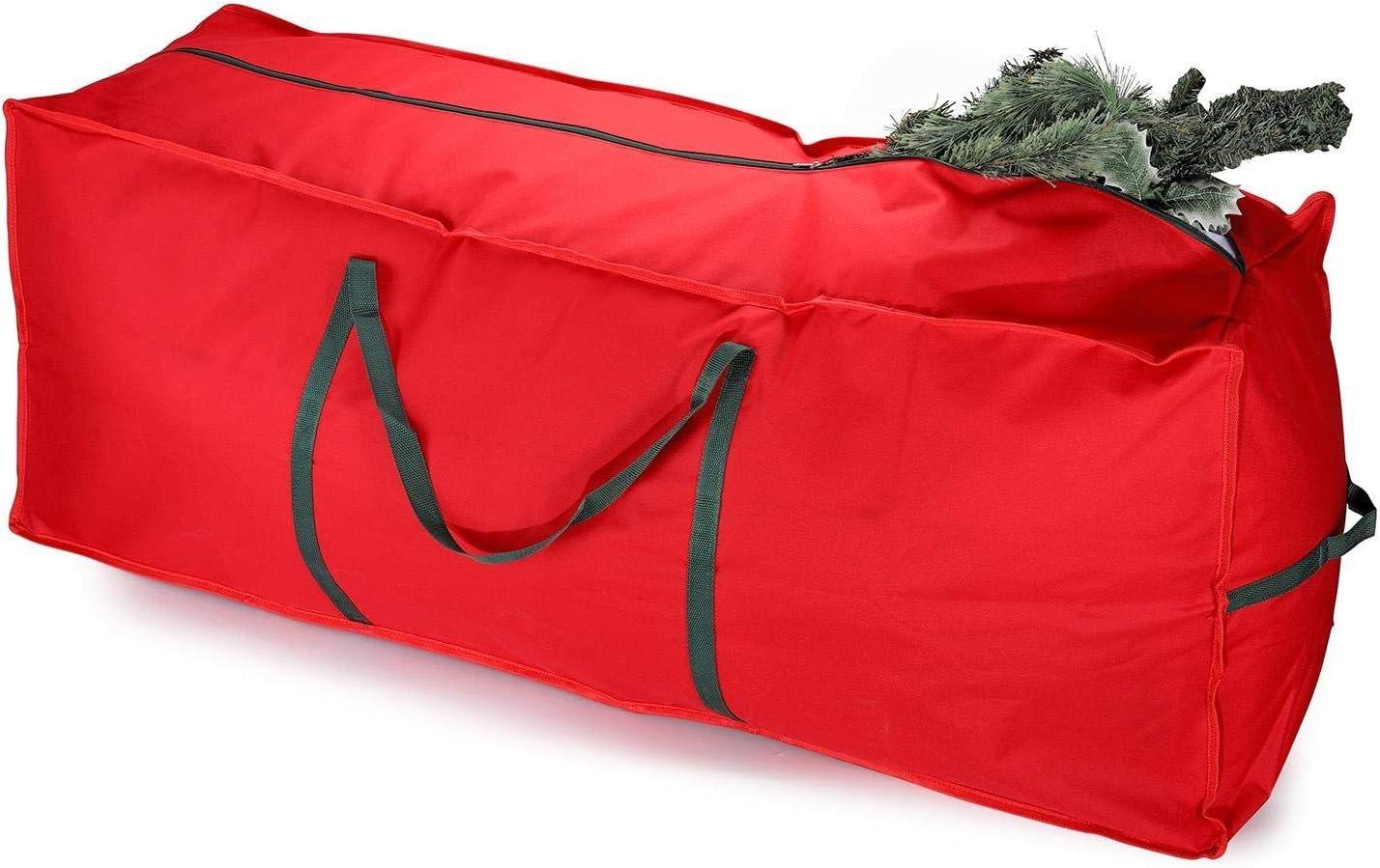 Large red fabric storage bag with green handles, designed for Christmas tree decoration storage, featuring a zip closure and ample space for tree branches.