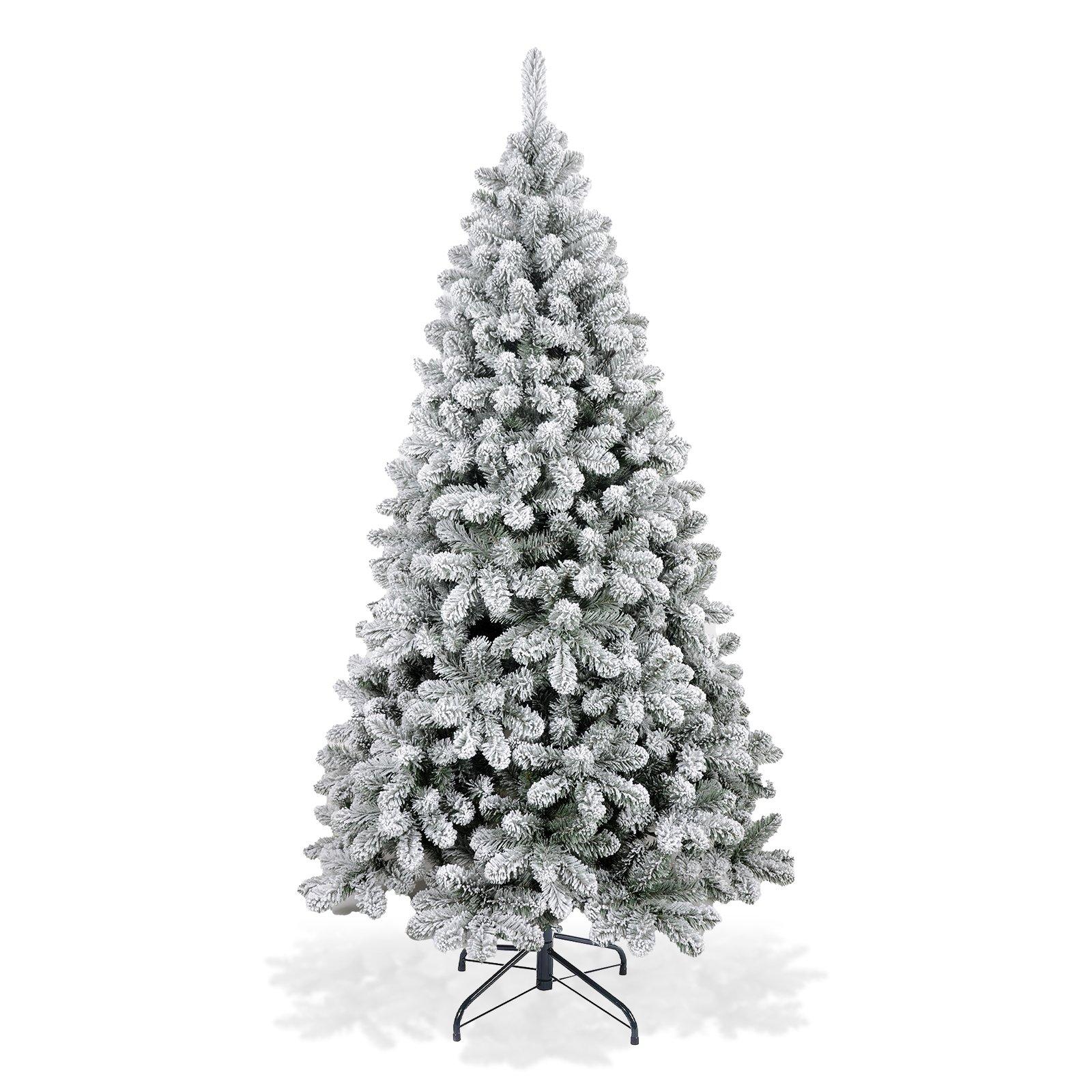 A 6-foot premium artificial Christmas tree in green, featuring a full, snow-filled design with realistic branches, set on a sturdy black metal stand.