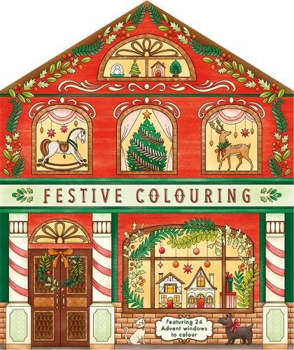 A colorful, illustrated building with a red facade, featuring festive windows, a horse, a Christmas tree, a reindeer, and decorative elements like garlands and ornaments.