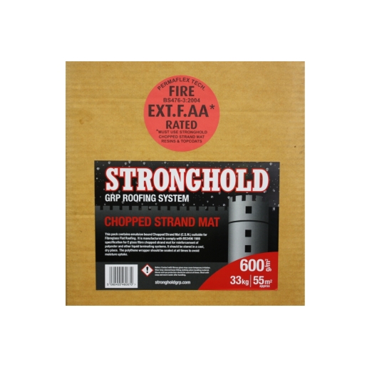 Fibre glass chopped strand mat in a 600mm size, featuring a yellow cardboard backing with a red label indicating fire rating and product details, branded with Stronghold.