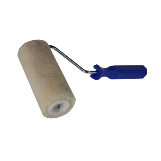 Fibre glass application roller with a 150mm beige roller cover, metal frame, and a blue plastic handle for easy grip and application.