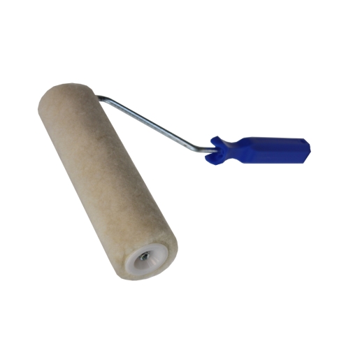 Fibre glass application roller with a 225mm beige roller cover and a blue plastic handle, featuring a metal frame for easy grip and application.