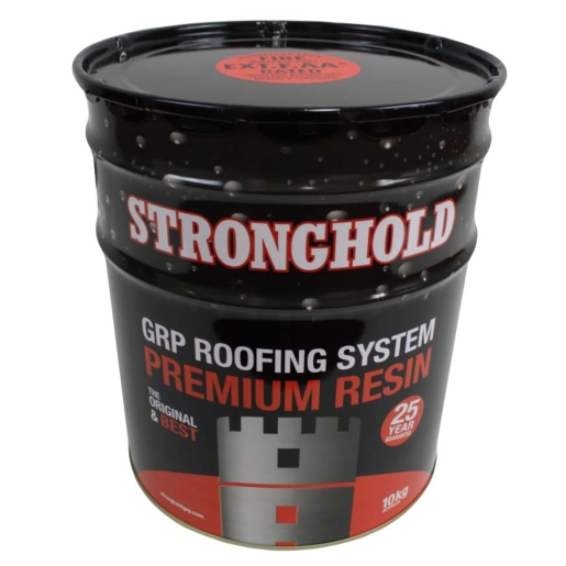 Black cylindrical container labeled "STRONGHOLD GRP Roofing System Premium Resin" with red and white text, featuring a castle graphic, holding 10kg of resin.