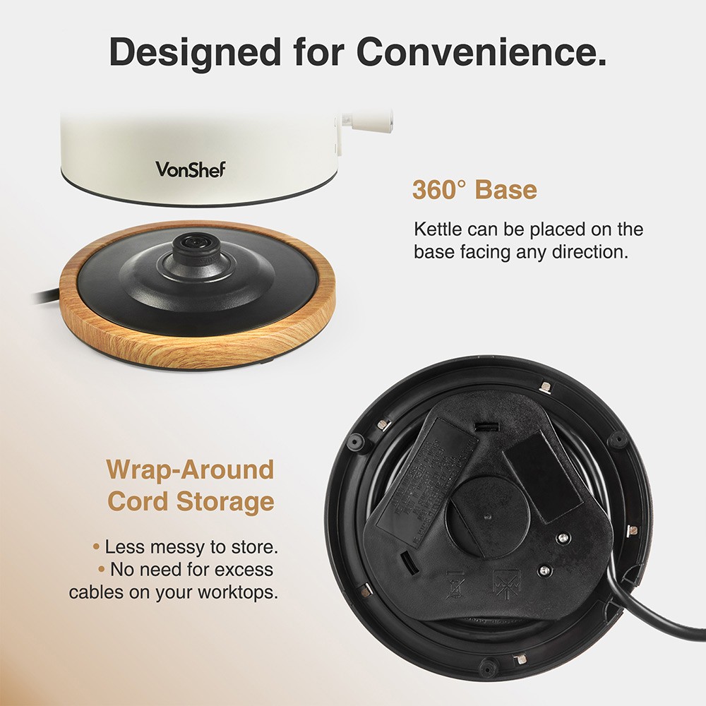 Cream-colored microwave, kettle, and toaster set with wooden accents, featuring a 360° kettle base and wrap-around cord storage for a tidy workspace.