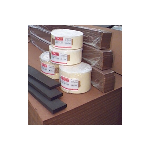 Brown Fillcrete Fillaboard expansion joint strips, 12mm x 100mm x 2440mm, stacked with rolls of material, showcasing a smooth surface and sturdy construction.