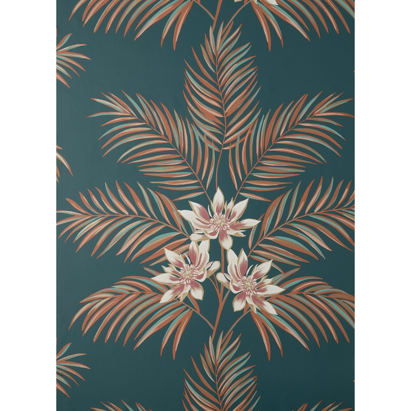 Teal wallpaper featuring large, detailed palm leaves in shades of green and coral, accented by cream and pink flowers, creating a tropical aesthetic.