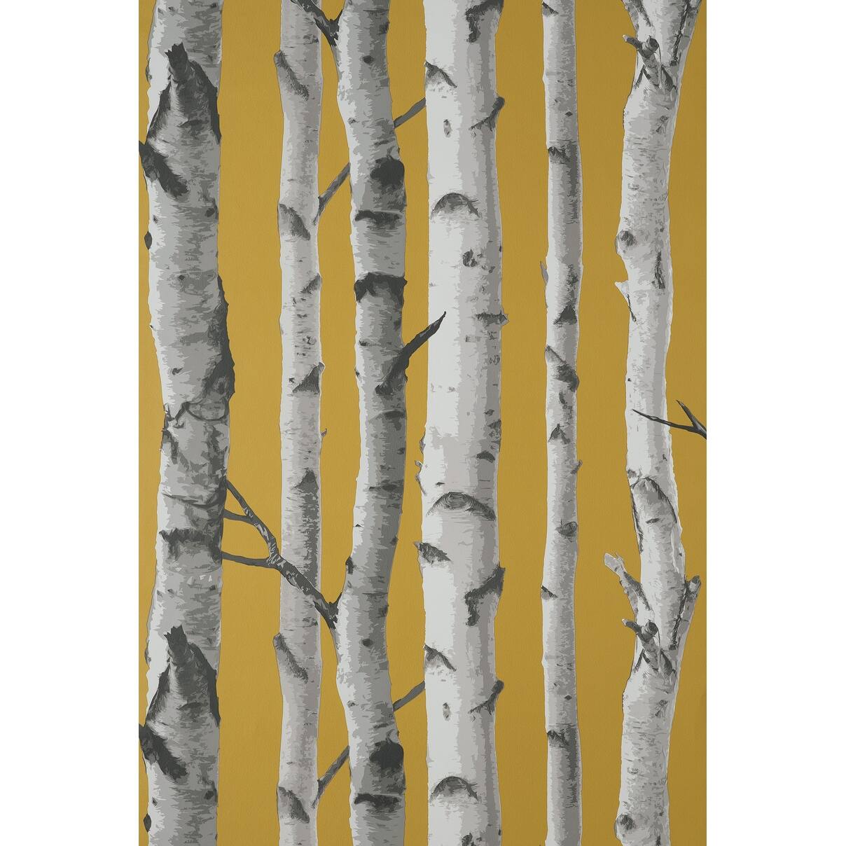 Mustard yellow wallpaper featuring tall, stylized birch trees in gray and white, showcasing a modern contemporary design suitable for paste-the-wall application.