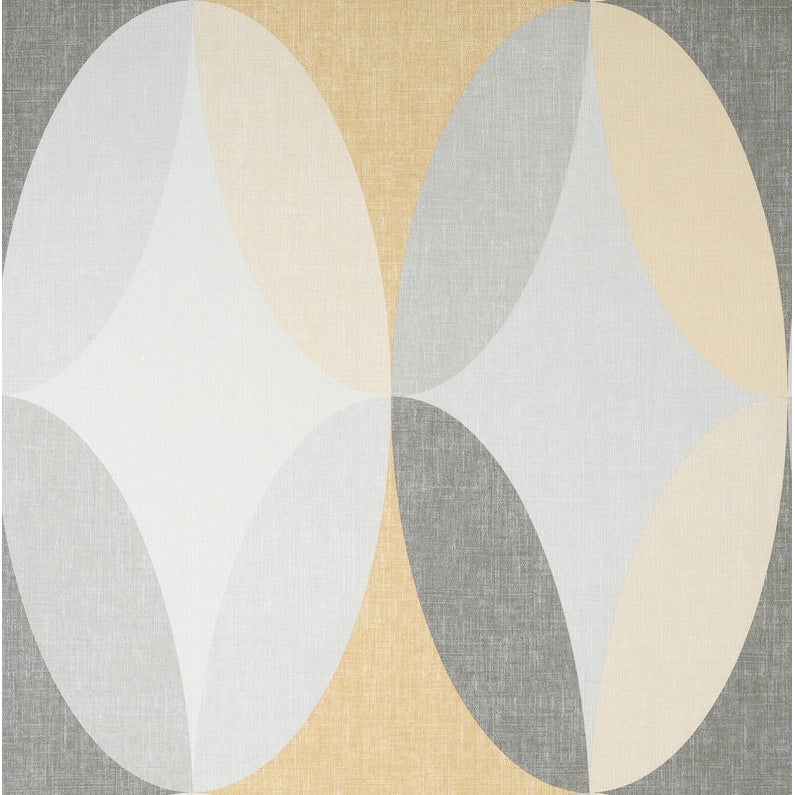 Mustard yellow, grey, and cream oval geometric patterns on textured wallpaper, featuring a modern design with overlapping shapes and a soft, fabric-like appearance.