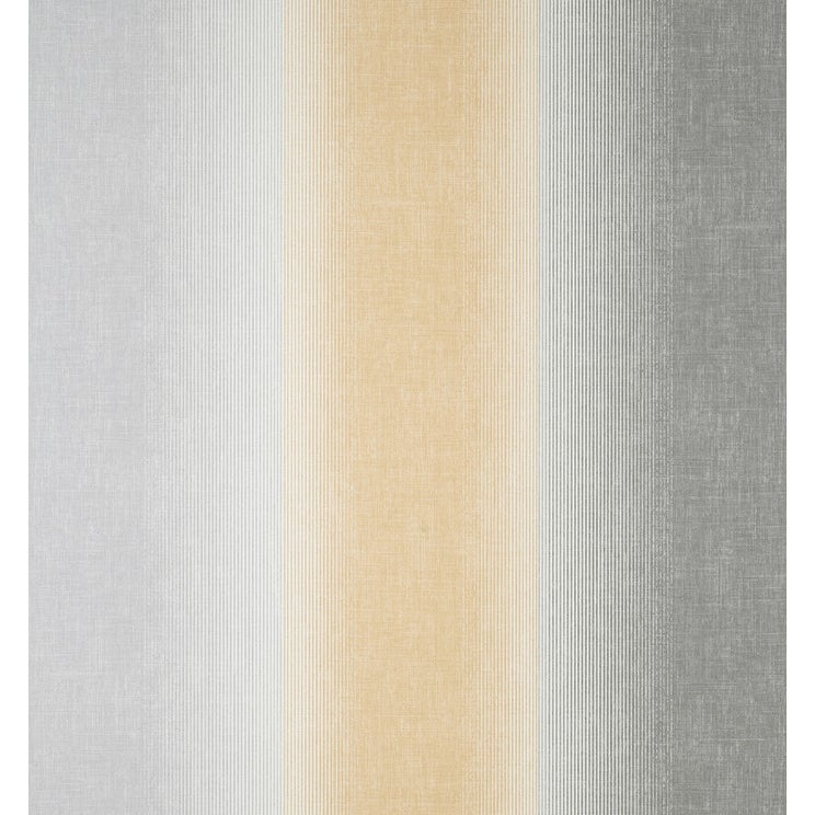 Mustard stripe wallpaper featuring a textured fabric look with alternating stripes in soft grey, cream, and mustard yellow tones, ideal for modern decor.