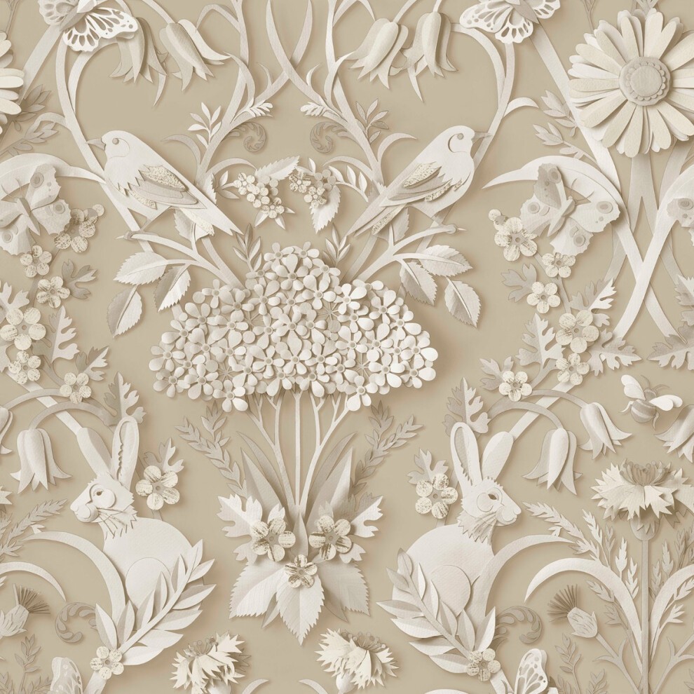 Neutral-toned wallpaper featuring intricate embossed woodland scenes with rabbits, birds, flowers, and butterflies, creating a serene, nature-inspired design.