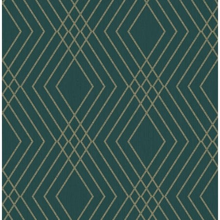 Deep evergreen wallpaper featuring a geometric diamond trellis pattern in metallic gold, creating a modern and elegant look.