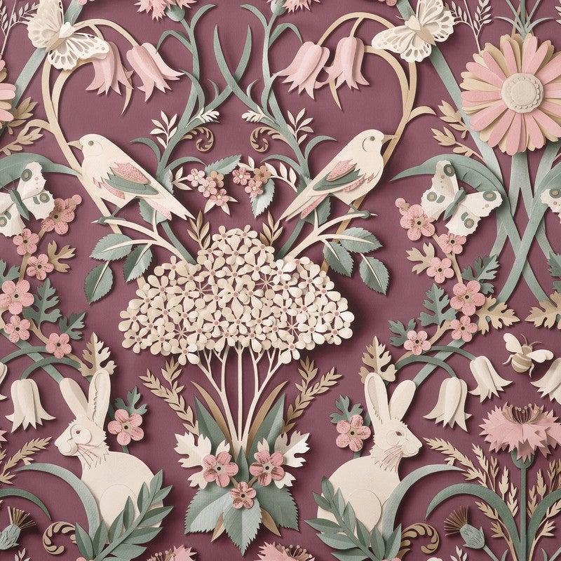 Plum wallpaper featuring intricate floral and woodland designs, with pastel birds, rabbits, and butterflies against a rich purple background.