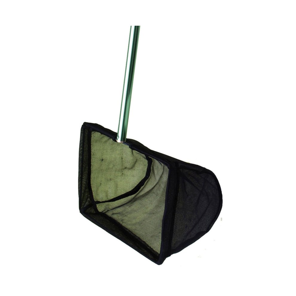 Black fine mesh net with a rectangular shape, measuring 10x7 inches, attached to a long silver handle, designed for pond use to catch fish or debris.