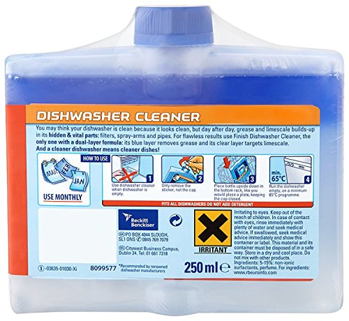 Two bottles of Finish Dishwasher Machine Cleaner, each 250ml, featuring a blue cap, clear plastic body, and dual-layer formula label with usage instructions and safety warnings.