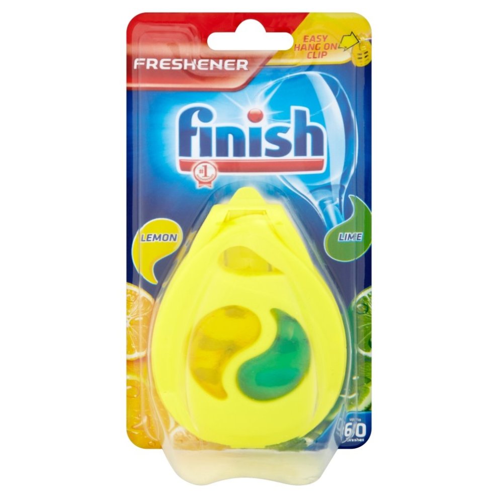 Yellow plastic container with a clip, featuring a swirl design in green and yellow, labeled "Finish" with lemon and lime graphics, indicating a fresh scent for dishwashers.