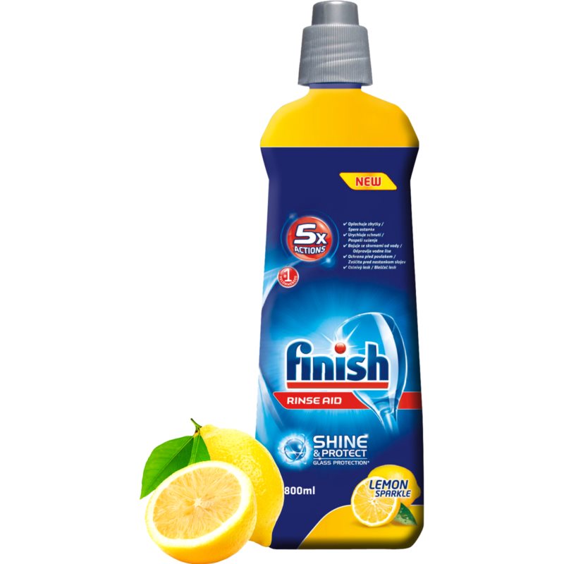Blue plastic bottle of Finish Pyn Shine&Dry Rinse Aid, 800ml, featuring a yellow cap, lemon graphics, and promotional text for a discount code.