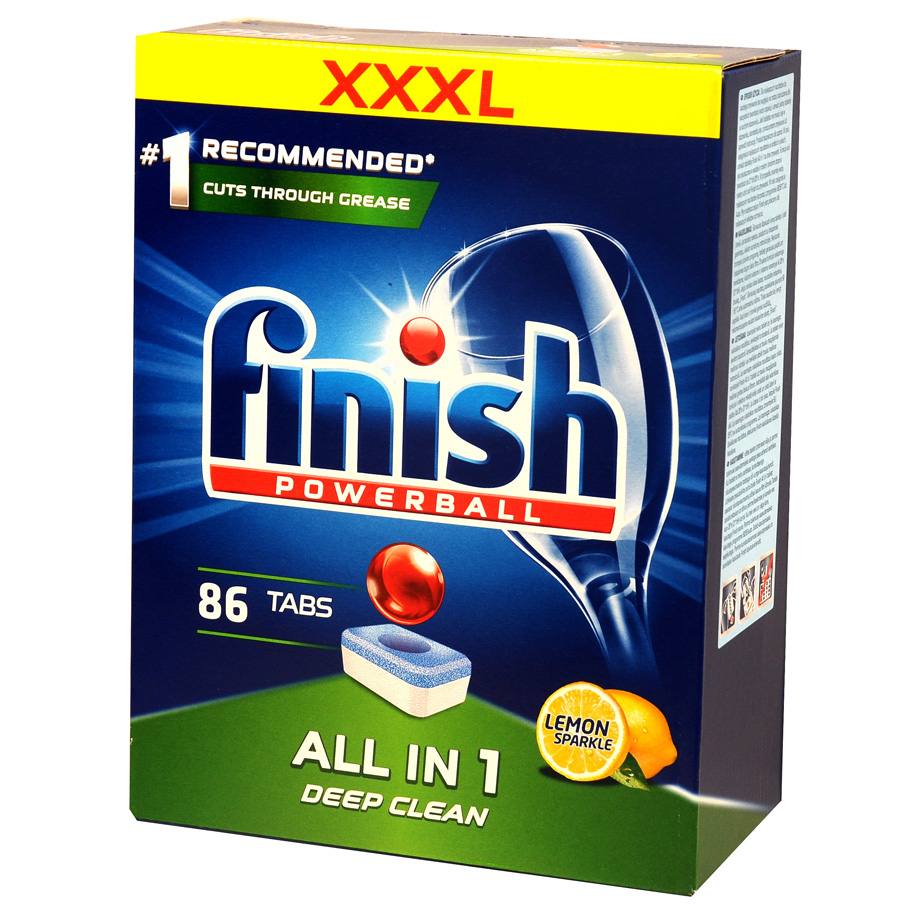 Blue and yellow box of Finish Powerball All-in-1 Deep Clean tablets, featuring 86 tabs, with a lemon sparkle graphic and a glass being cleaned.