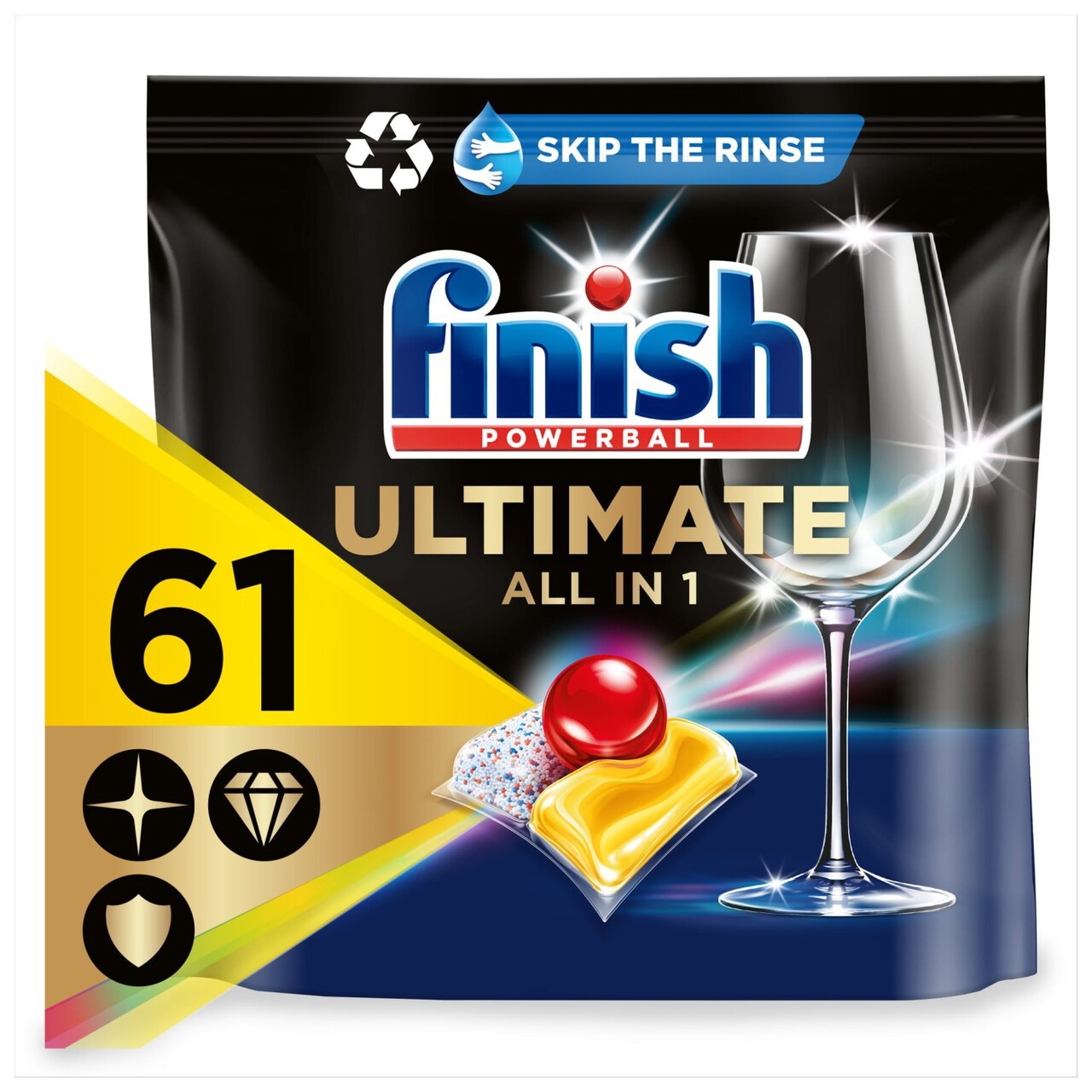 Finish Ultimate All in One Dishwasher Tablets in a black and yellow pouch, featuring 61 tabs, a sparkling glass, and vibrant lemon-colored tablets with a red sphere on top.