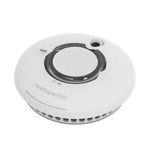 White circular smoke alarm with a central round button, ventilation holes around the edge, and a small indicator light, featuring a sleek, modern design.