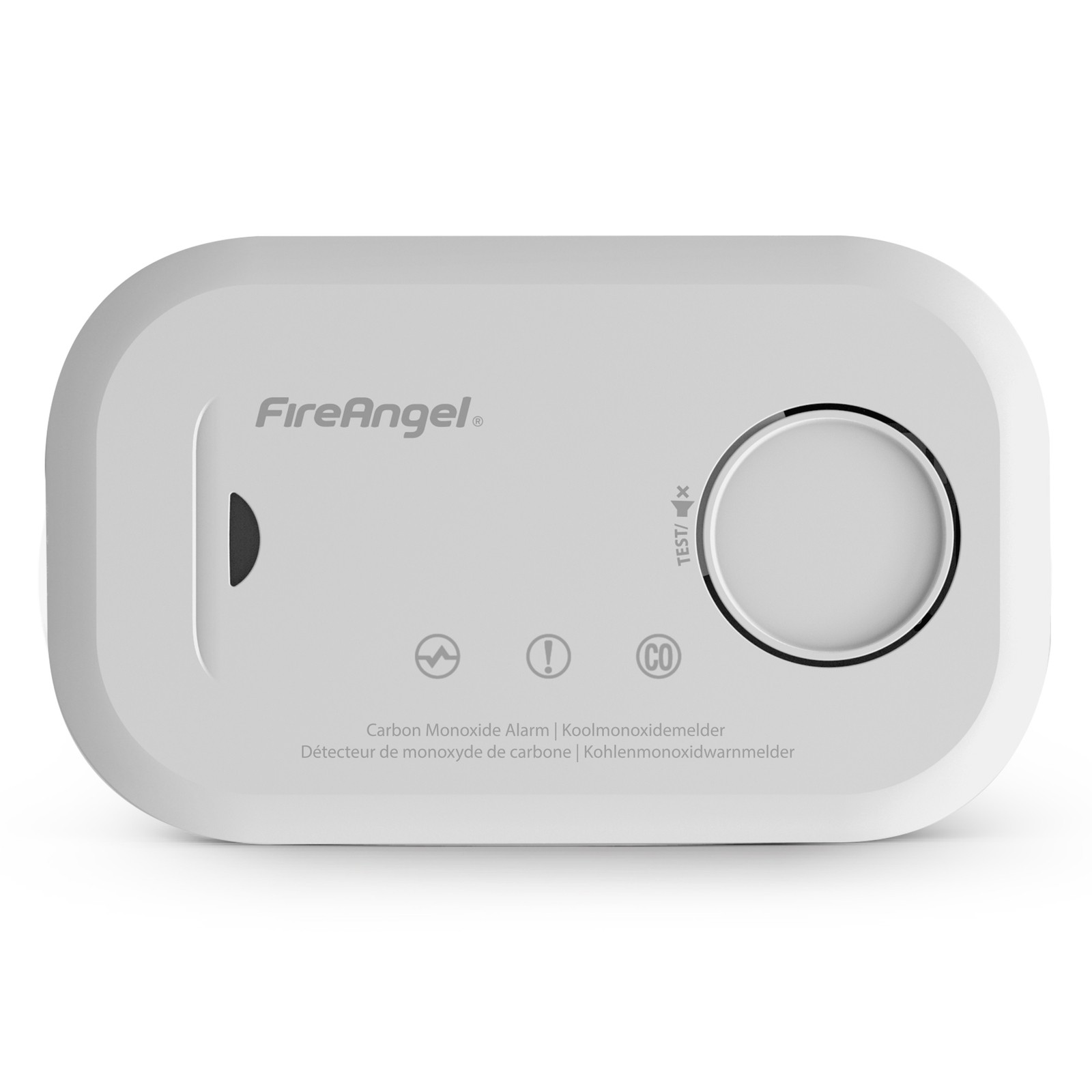 White, rectangular carbon monoxide alarm with a test button, indicator lights, and a circular dial, featuring the FireAngel logo and labeled in multiple languages.