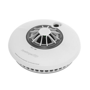 Round white heat alarm with a central fan design, featuring a small indicator light and ventilation holes around the edge, labeled "FireAngel Pro Connected."