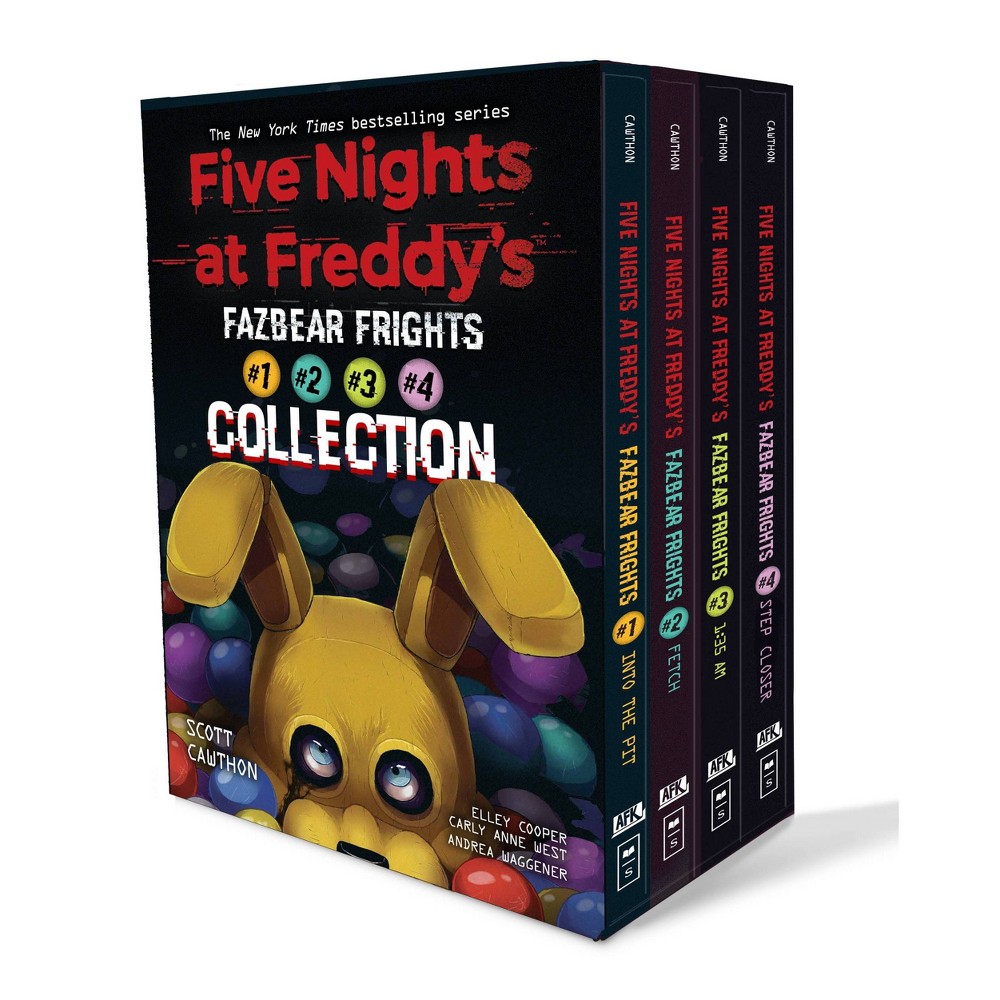 Four-book boxed set titled "Fazbear Frights" featuring a yellow animatronic character on the cover, with colorful balls in the background and a dark box design.