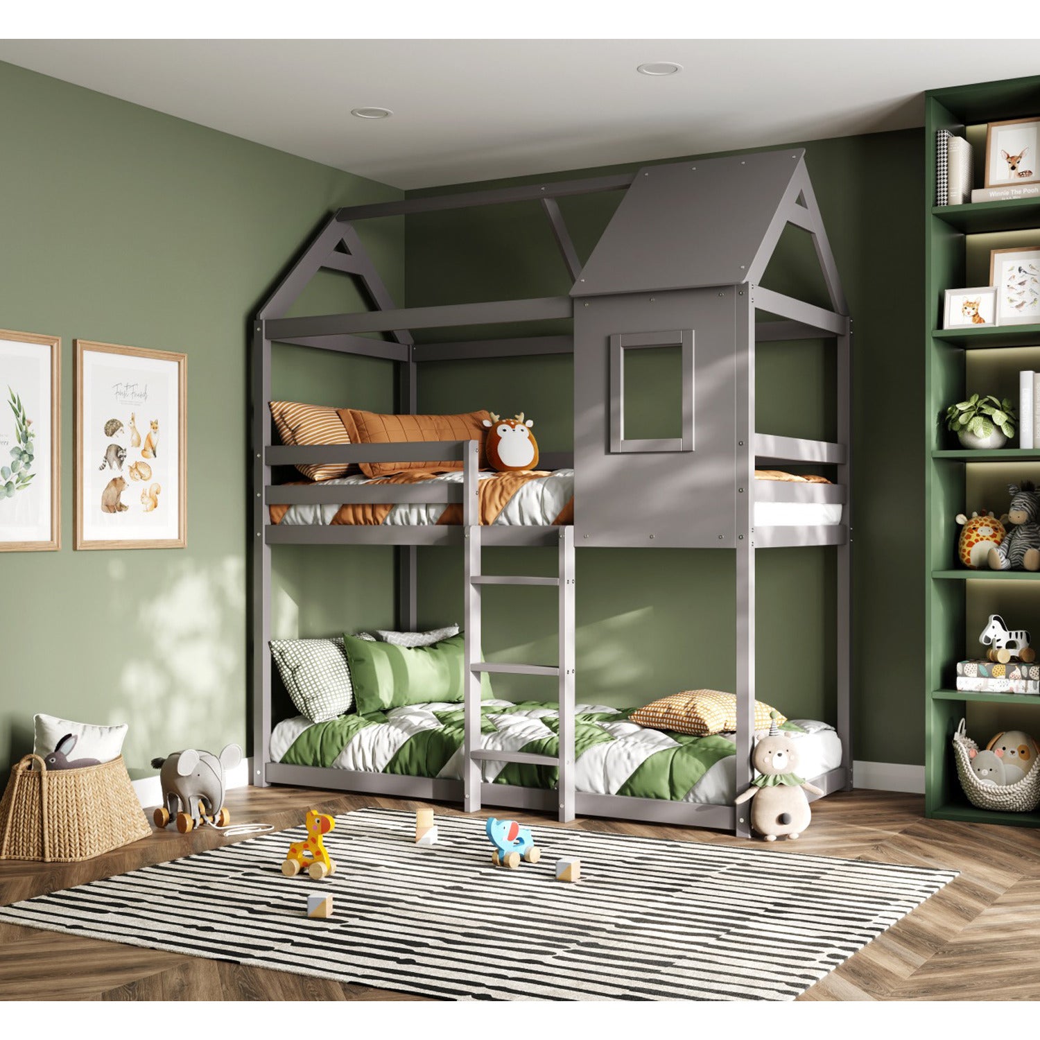 Flair Hideaway Bunk Bed in grey features a house-shaped design with two beds, a ladder, and a window, set against a green wall and surrounded by playful decor and toys.