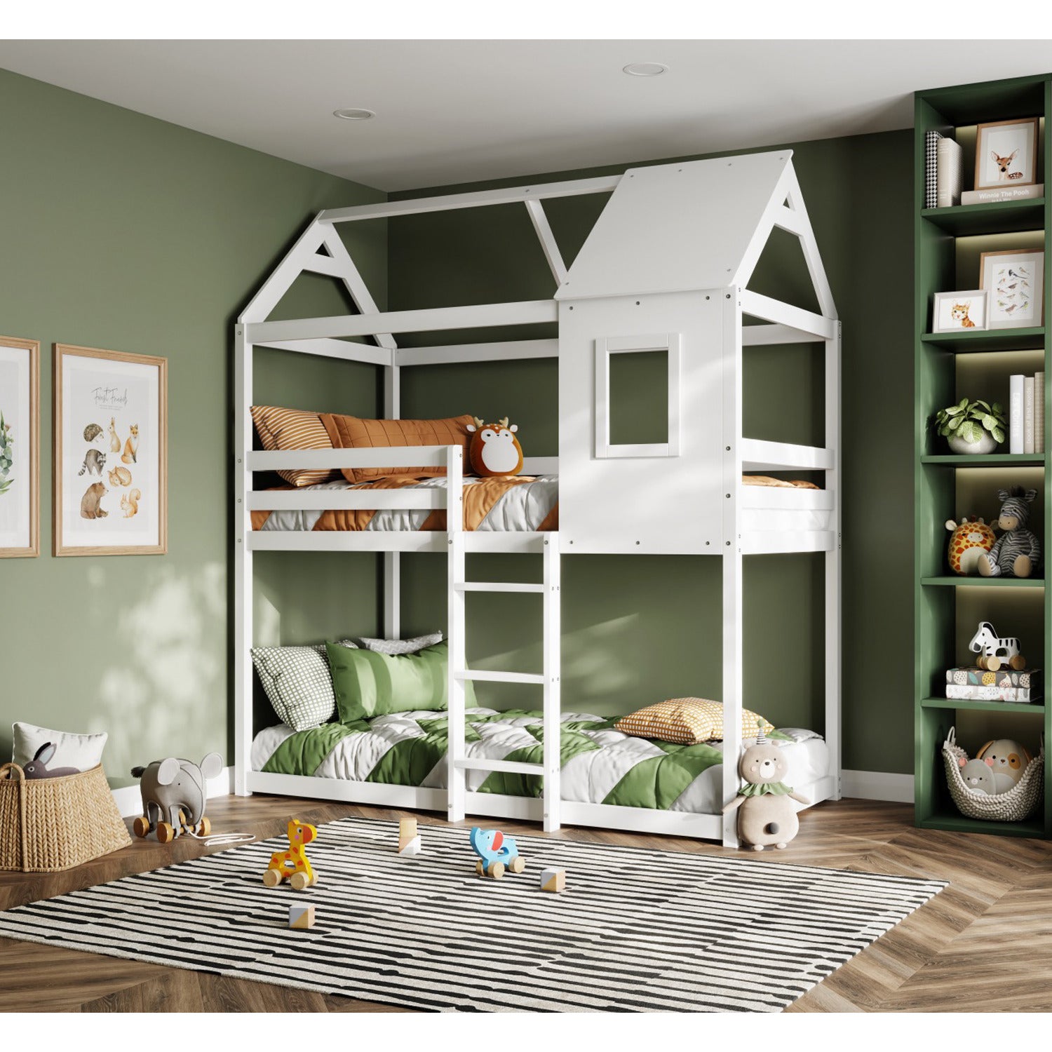 White wooden hideaway bunk bed with a house-shaped design, featuring a top bunk with a window and orange and green bedding, set against a green wall and surrounded by playful decor.