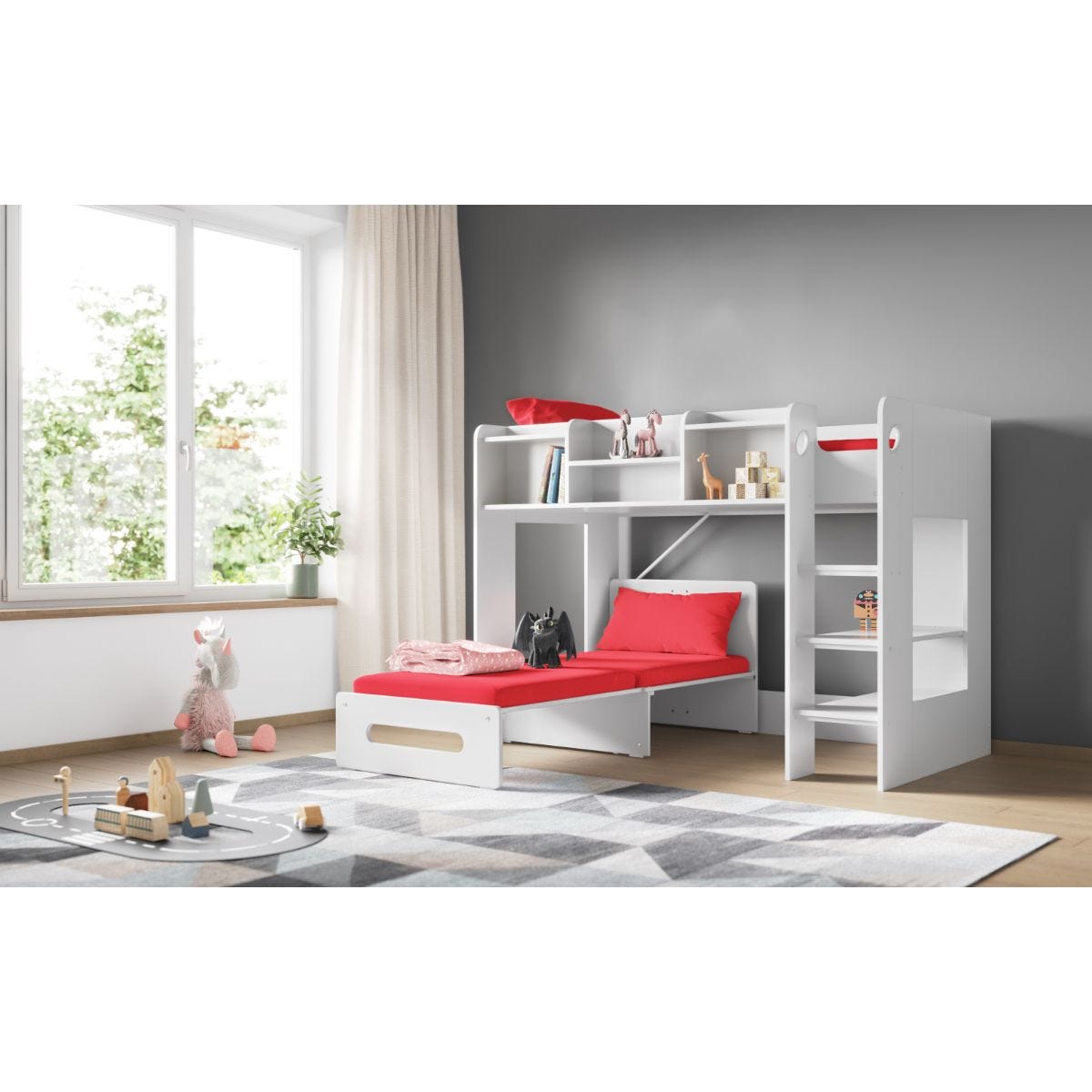Flair Wizard Junior Highsleeper in white with a red futon, featuring shelves, a ladder, and a pull-out bed, set in a bright room with a large window and playful decor.