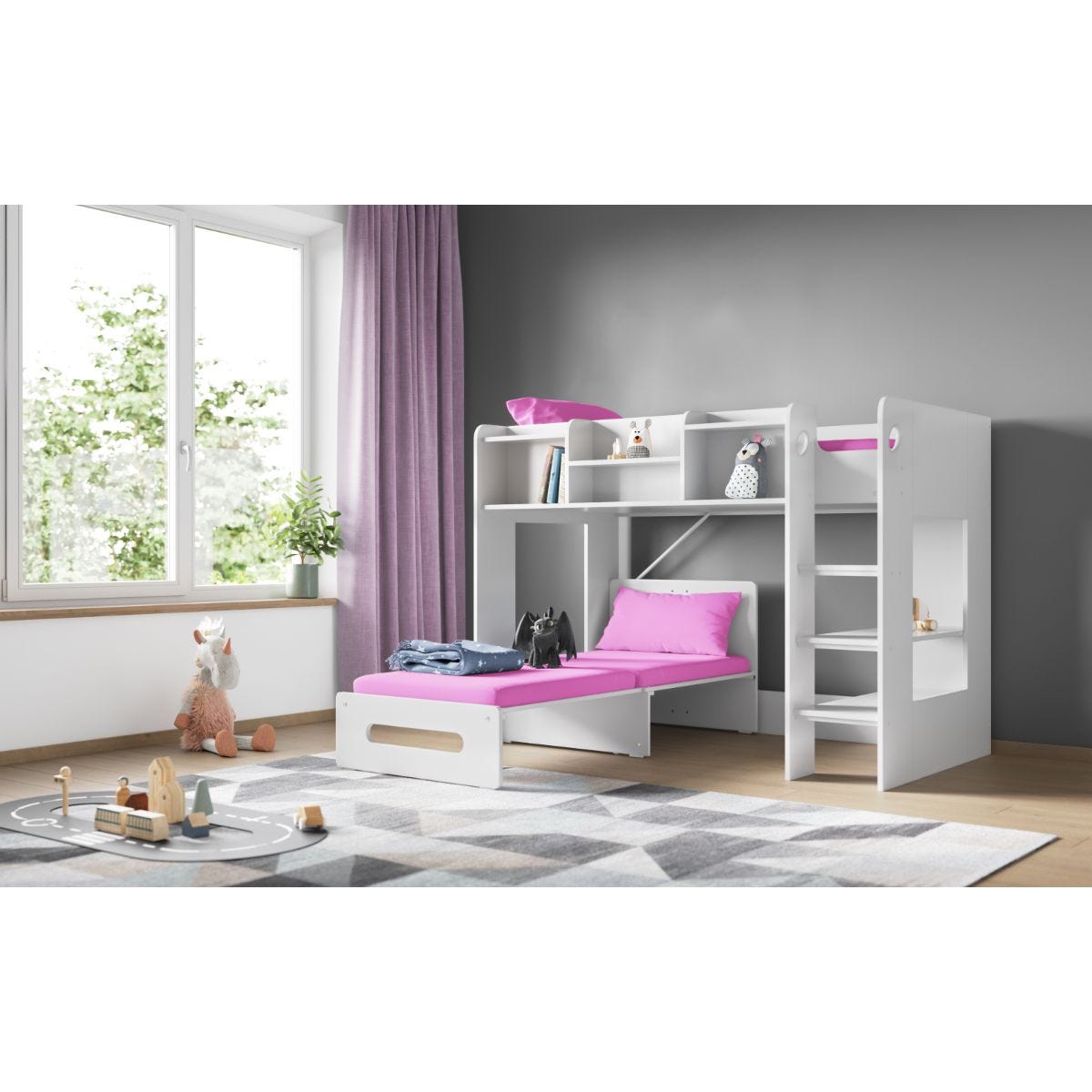Flair Wizard Junior Highsleeper in white with a pink futon, featuring shelves, a pull-out bed, and a modern design, set against a gray wall and natural light from a window.